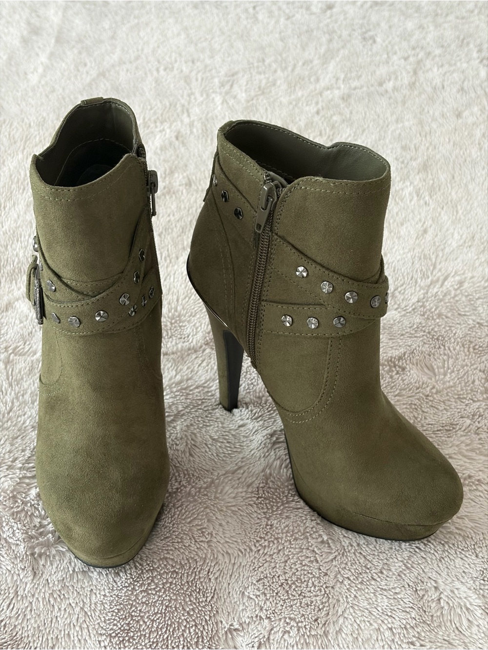 Women's Olive Green Suede Ankle Booties with Studded Strap